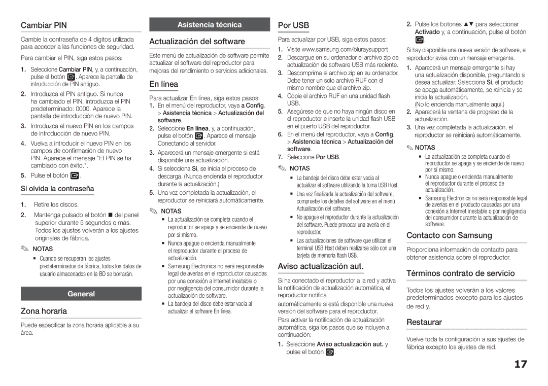 Samsung BD-H5900/ZF Cambiar PIN, Zona horaria, Actualización del software, En línea, Por USB, Aviso actualización aut 