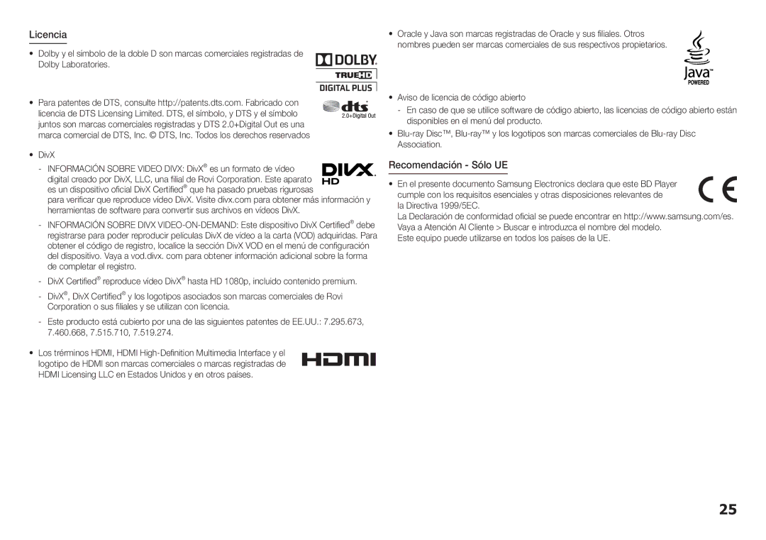 Samsung BD-H5900/ZF manual Licencia, Recomendación Sólo UE 