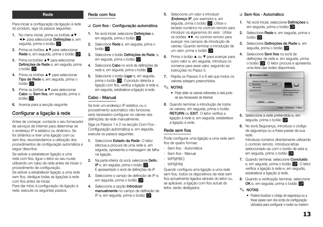 Samsung BD-H5900/ZF manual Configurar a ligação à rede, Rede com fios, Cabo Manual, Rede sem fios 