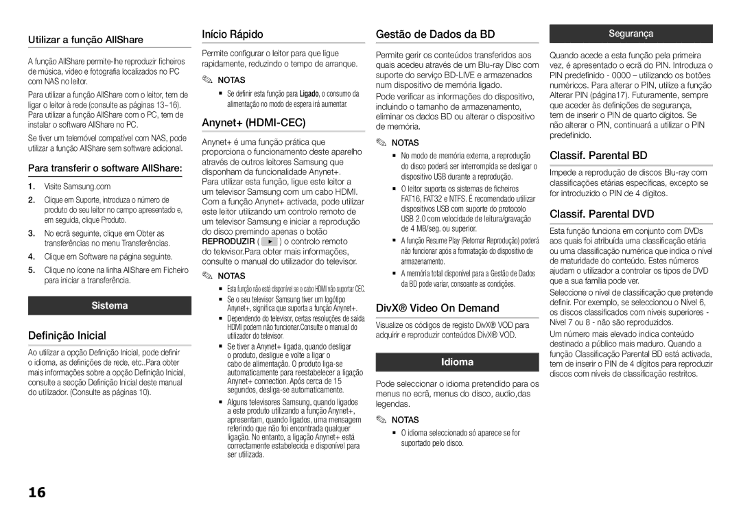 Samsung BD-H5900/ZF Definição Inicial, Início Rápido, Gestão de Dados da BD, Classif. Parental BD, Classif. Parental DVD 