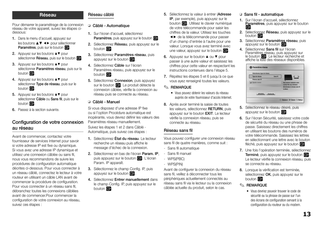 Samsung BD-H5900/ZF manual Configuration de votre connexion au réseau, Réseau câblé, Réseau sans fil 