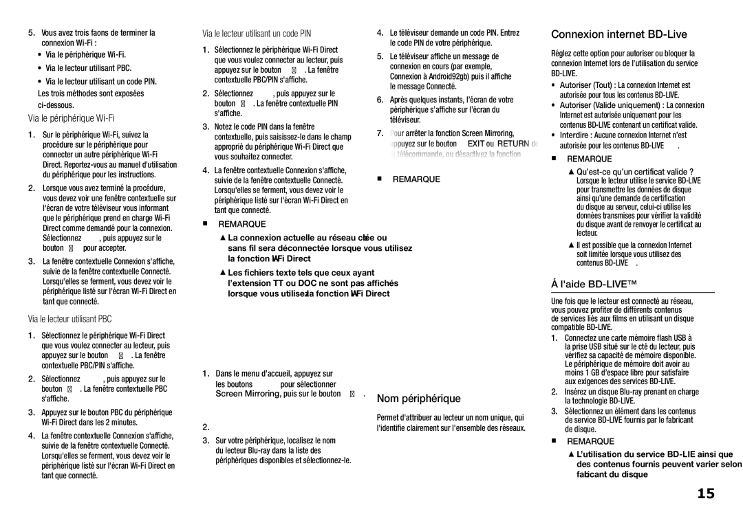 Samsung BD-H5900/ZF manual Screen Mirroring, Nom périphérique, Connexion internet BD-Live 