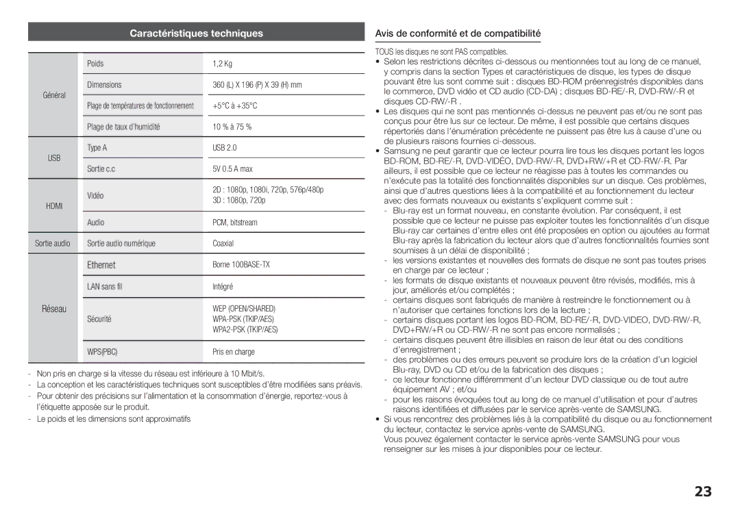 Samsung BD-H5900/ZF manual Caractéristiques techniques, Ethernet, Avis de conformité et de compatibilité 