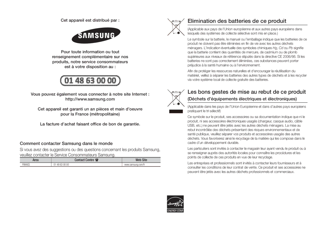 Samsung BD-H5900/ZF manual Elimination des batteries de ce produit, Comment contacter Samsung dans le monde 