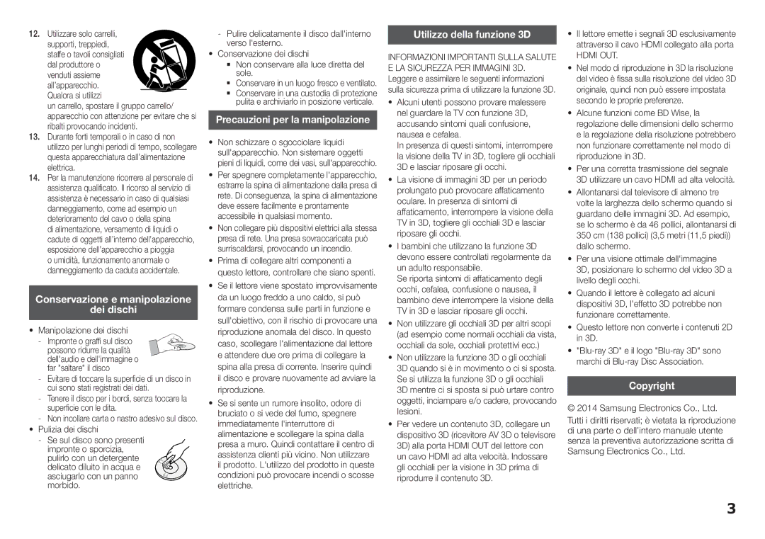 Samsung BD-H5900/ZF manual Conservazione e manipolazione Dei dischi, Utilizzo della funzione 3D, Hdmi OUT 