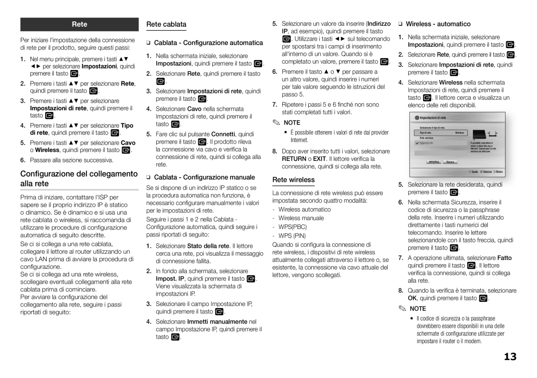 Samsung BD-H5900/ZF manual Configurazione del collegamento alla rete, Rete cablata, Rete wireless 