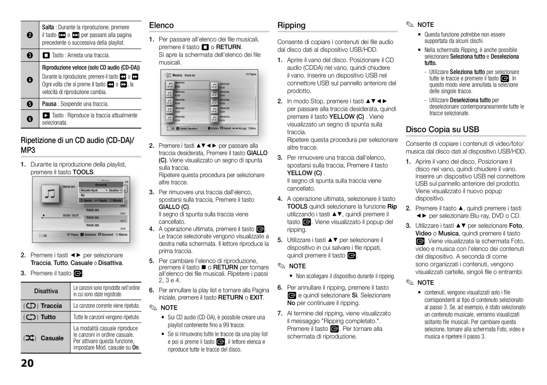 Samsung BD-H5900/ZF manual Ripetizione di un CD audio CD-DA/ MP3, Elenco, Ripping, Disco Copia su USB, Giallo C 