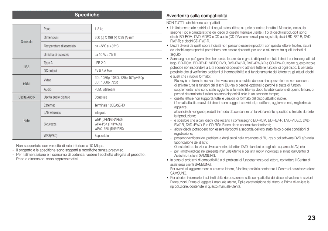 Samsung BD-H5900/ZF manual Specifiche, Avvertenza sulla compatibilità, Samsung 