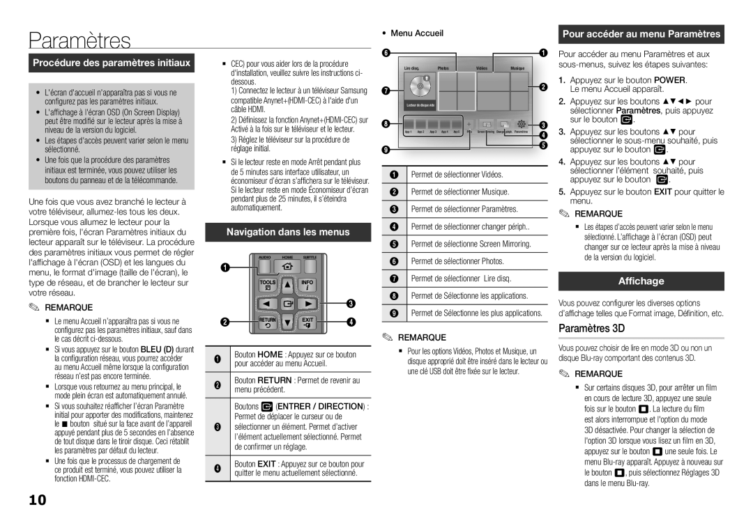 Samsung BD-H5900/ZF manual Pour accéder au menu Paramètres, Navigation dans les menus, Affichage 
