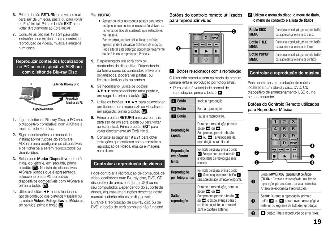 Samsung BD-H5900/ZF manual Botões do controlo remoto utilizados para reproduzir vídeo, Controlar a reprodução de música 