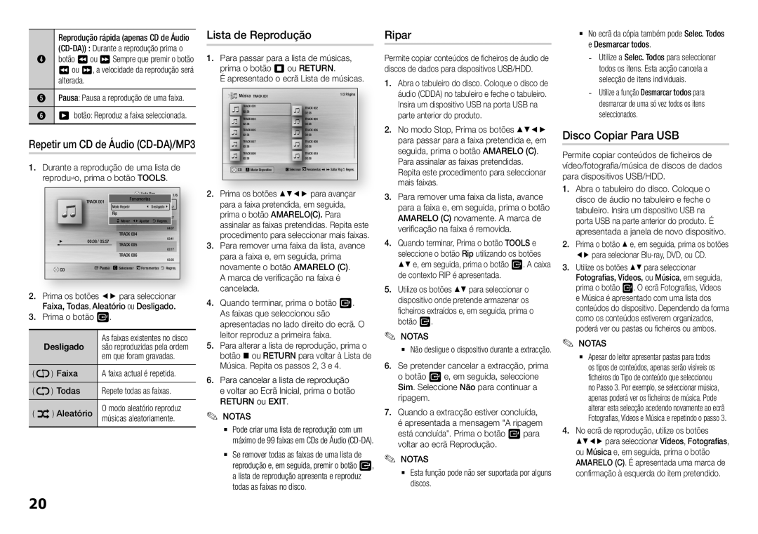 Samsung BD-H5900/ZF manual Lista de Reprodução, Ripar, Disco Copiar Para USB, Repetir um CD de Áudio CD-DA/MP3, Desligado 