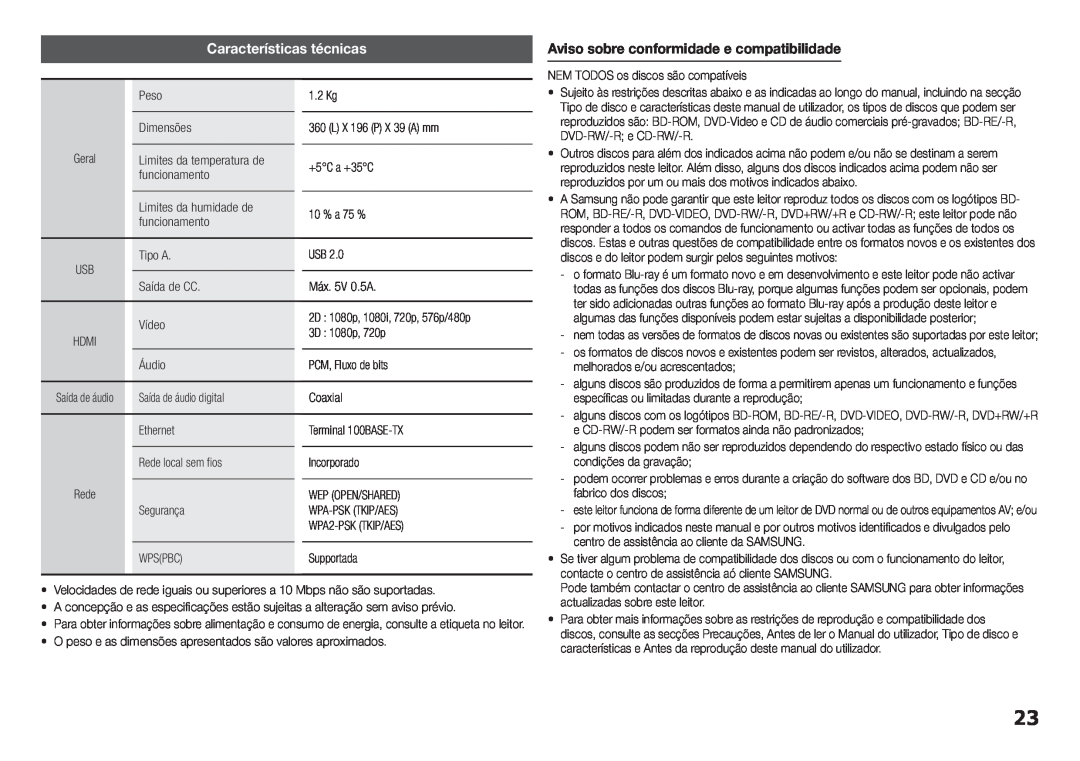 Samsung BD-H5900/ZF manual Características técnicas, Aviso sobre conformidade e compatibilidade 