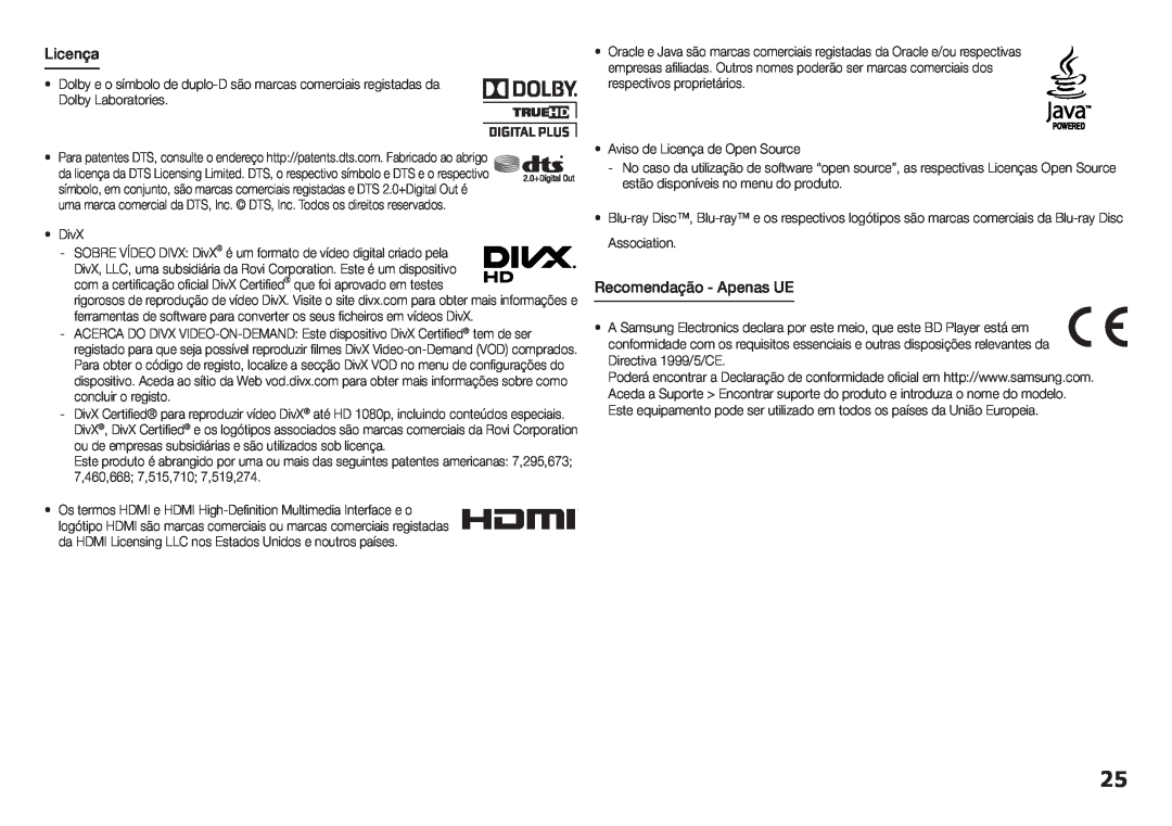 Samsung BD-H5900/ZF manual Licença, Recomendação - Apenas UE 