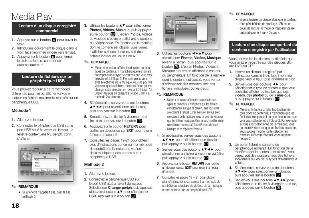Samsung BD-H5900/ZF manual Media Play, commercial, Lecture de fichiers sur un périphérique USB, Méthode 