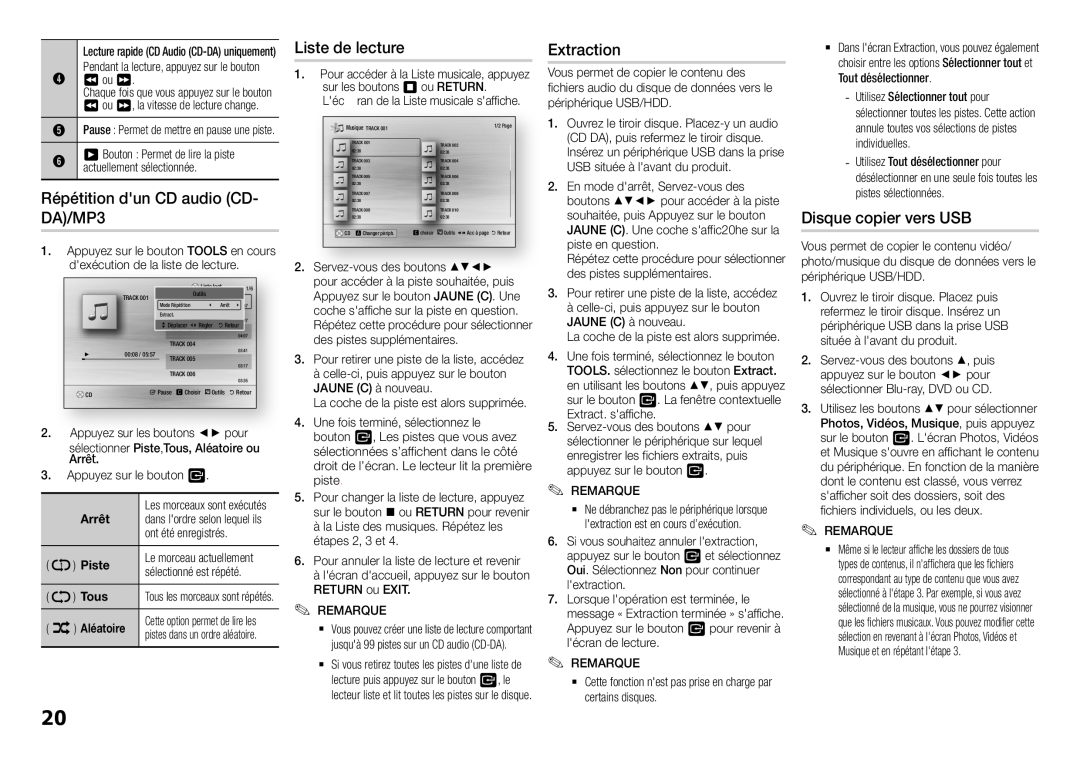 Samsung BD-H5900/ZF Répétition dun CD audio CD- DA/MP3, Liste de lecture, Extraction, Disque copier vers USB, Arrêt, Piste 