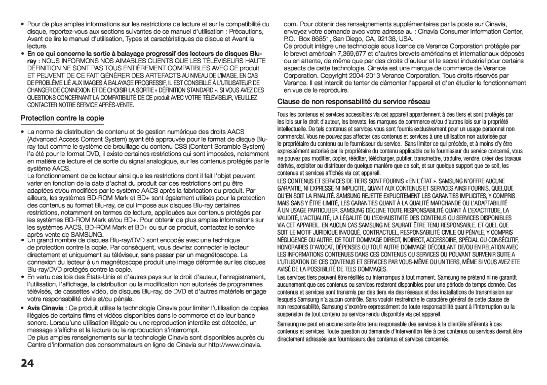 Samsung BD-H5900/ZF manual Protection contre la copie, Clause de non responsabilité du service réseau 