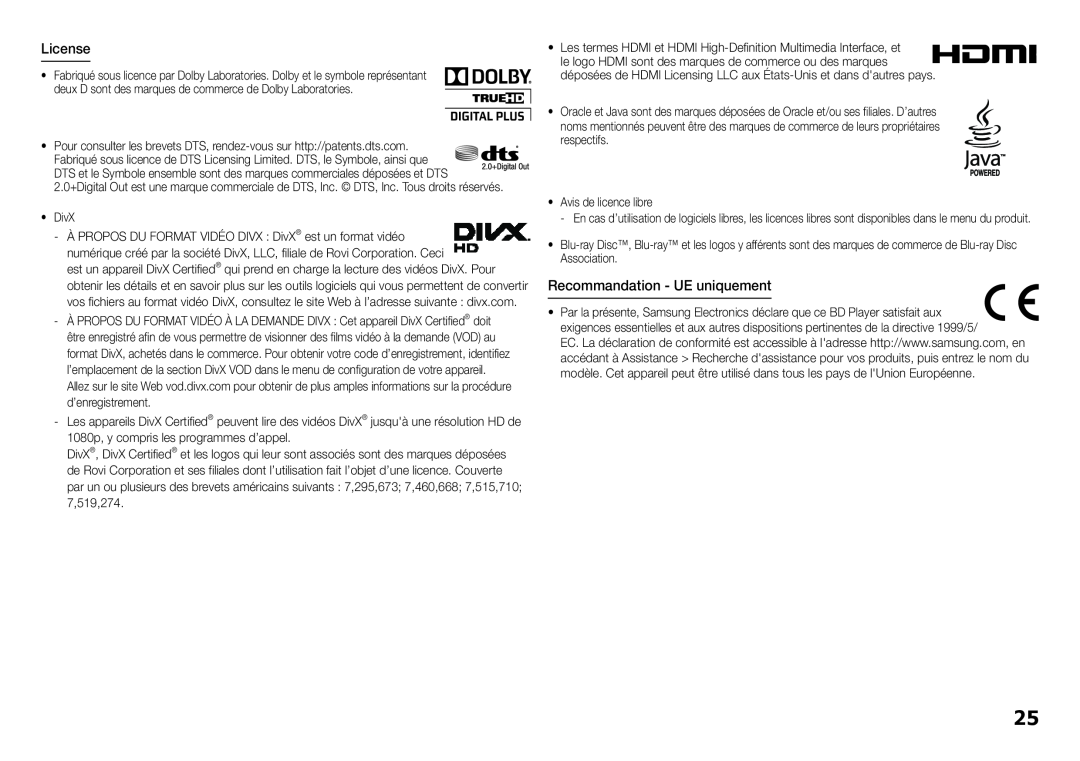 Samsung BD-H5900/ZF manual License, Recommandation - UE uniquement 