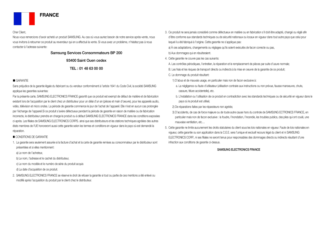 Samsung BD-H5900/ZF manual France, Samsung Services Consommateurs BP 93400 Saint Ouen cedex, TEL 01 48 63 00 