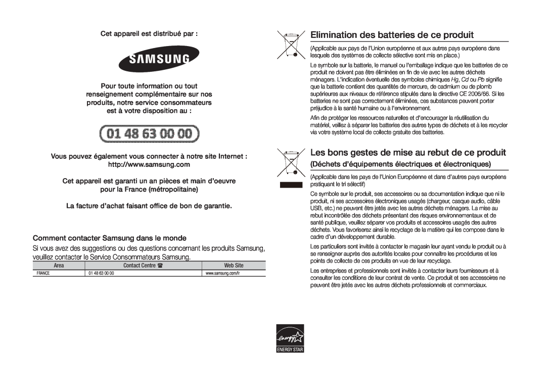 Samsung BD-H5900/ZF manual Elimination des batteries de ce produit, Comment contacter Samsung dans le monde 