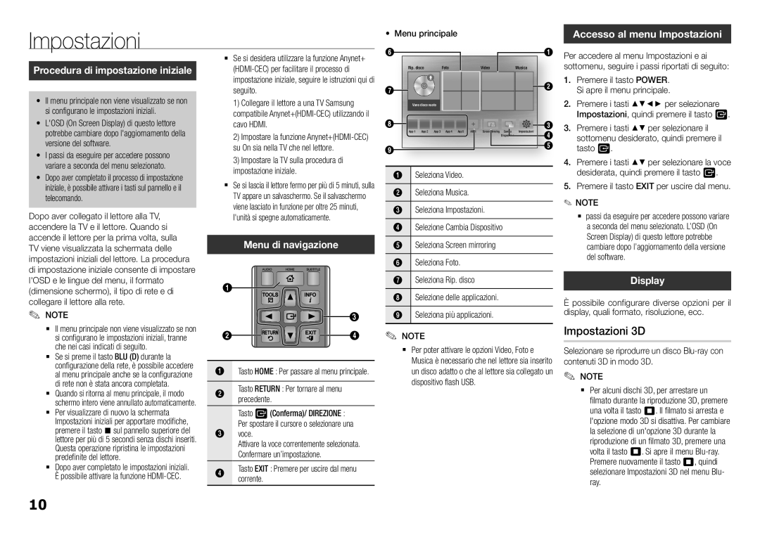 Samsung BD-H5900/ZF manual Impostazioni 3D, Menu di navigazione, Accesso al menu Impostazioni, Display 