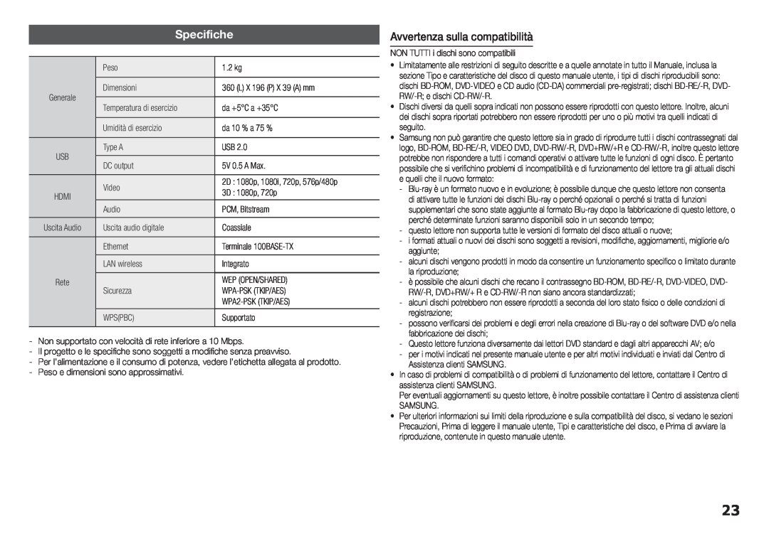 Samsung BD-H5900/ZF manual Specifiche, Avvertenza sulla compatibilità 