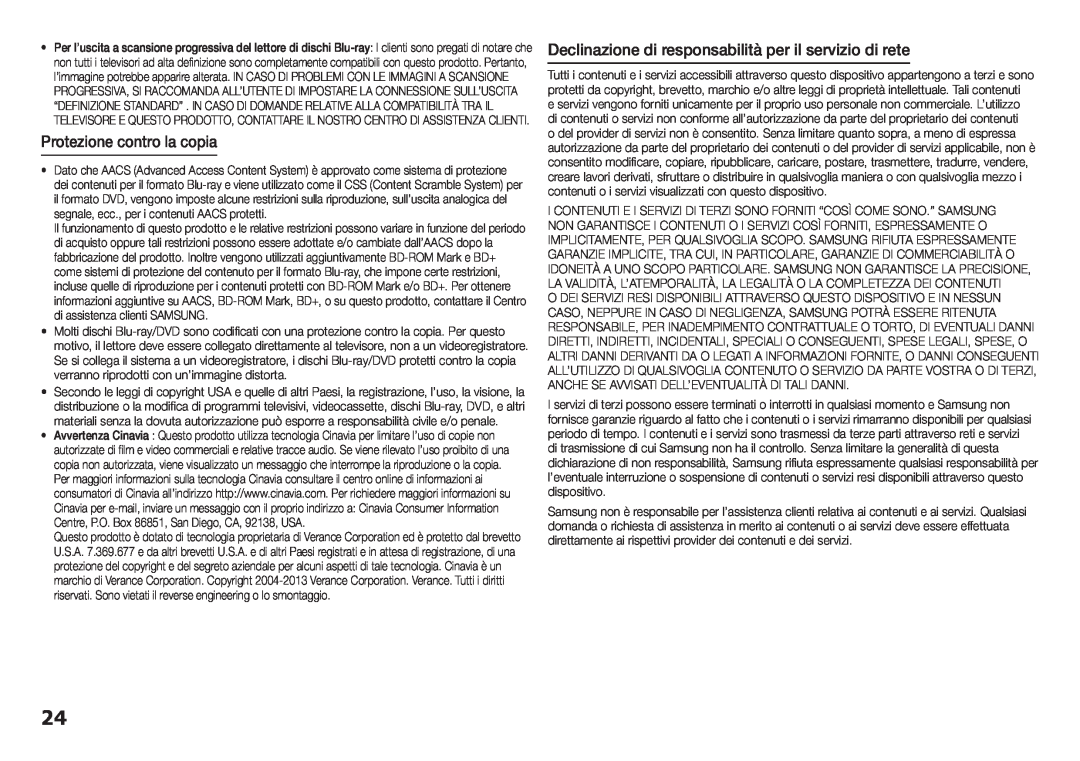 Samsung BD-H5900/ZF manual Protezione contro la copia, Declinazione di responsabilità per il servizio di rete 