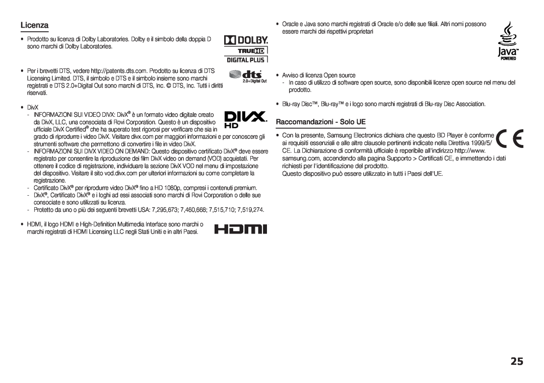 Samsung BD-H5900/ZF manual Licenza, Raccomandazioni - Solo UE 