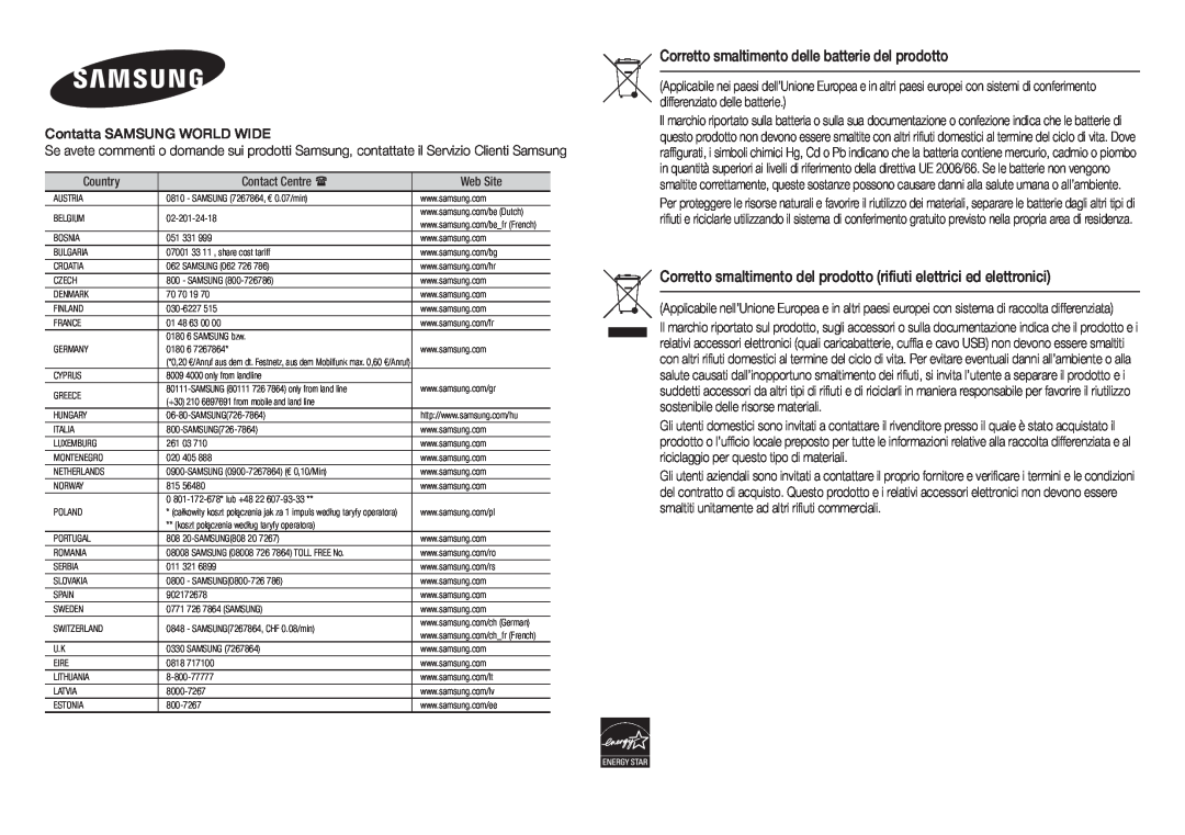 Samsung BD-H5900/ZF manual Corretto smaltimento delle batterie del prodotto, SAMSUNG 80111 726 7864 only from land line 