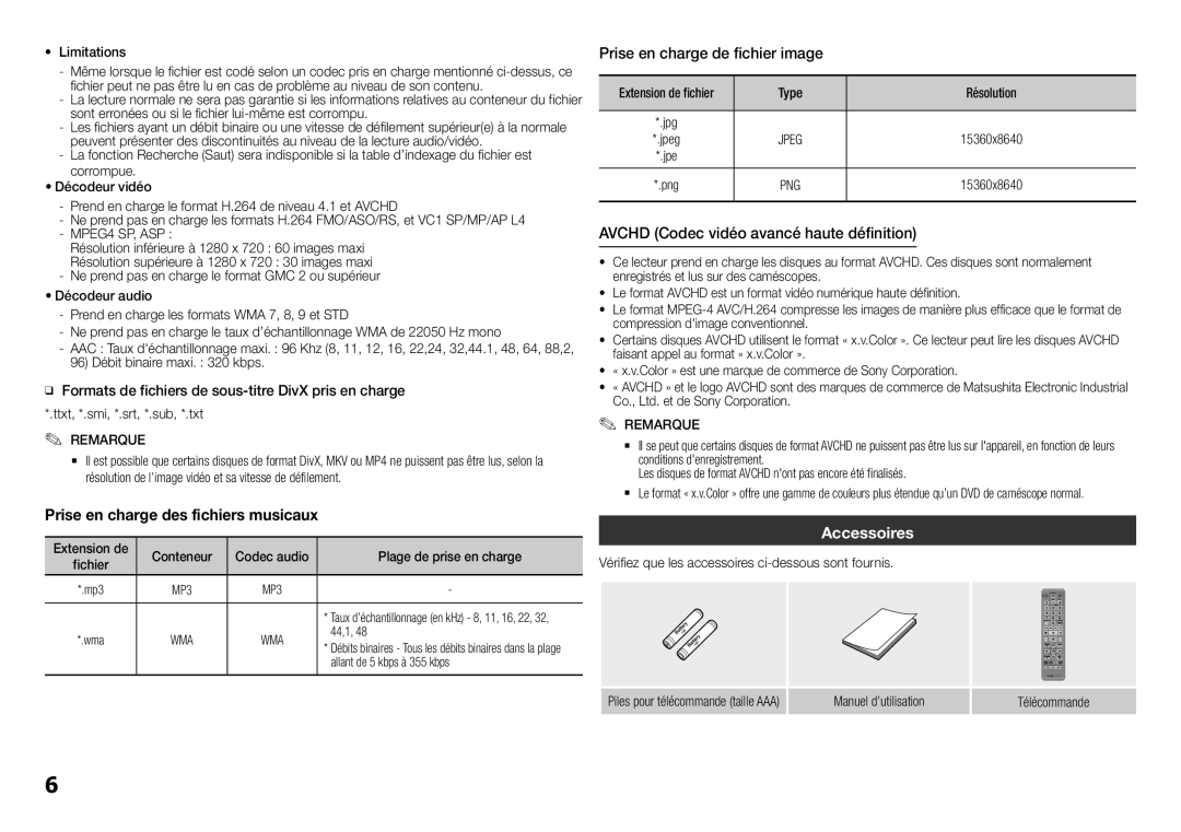 Samsung BD-H5900/ZF manual Prise en charge des fichiers musicaux, Prise en charge de fichier image, Accessoires 