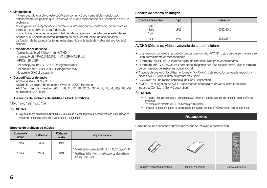 Samsung BD-H5900/ZF manual Accesorios, AVCHD Códec de vídeo avanzado de alta definición, Soporte de archivo de imagen 
