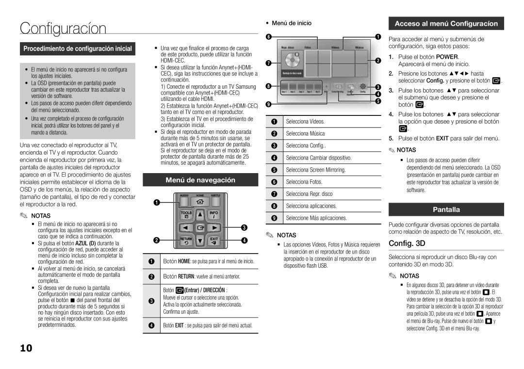 Samsung BD-H5900/ZF manual Config. 3D, Acceso al menú Configuracíon, Menú de navegación, Pantalla 