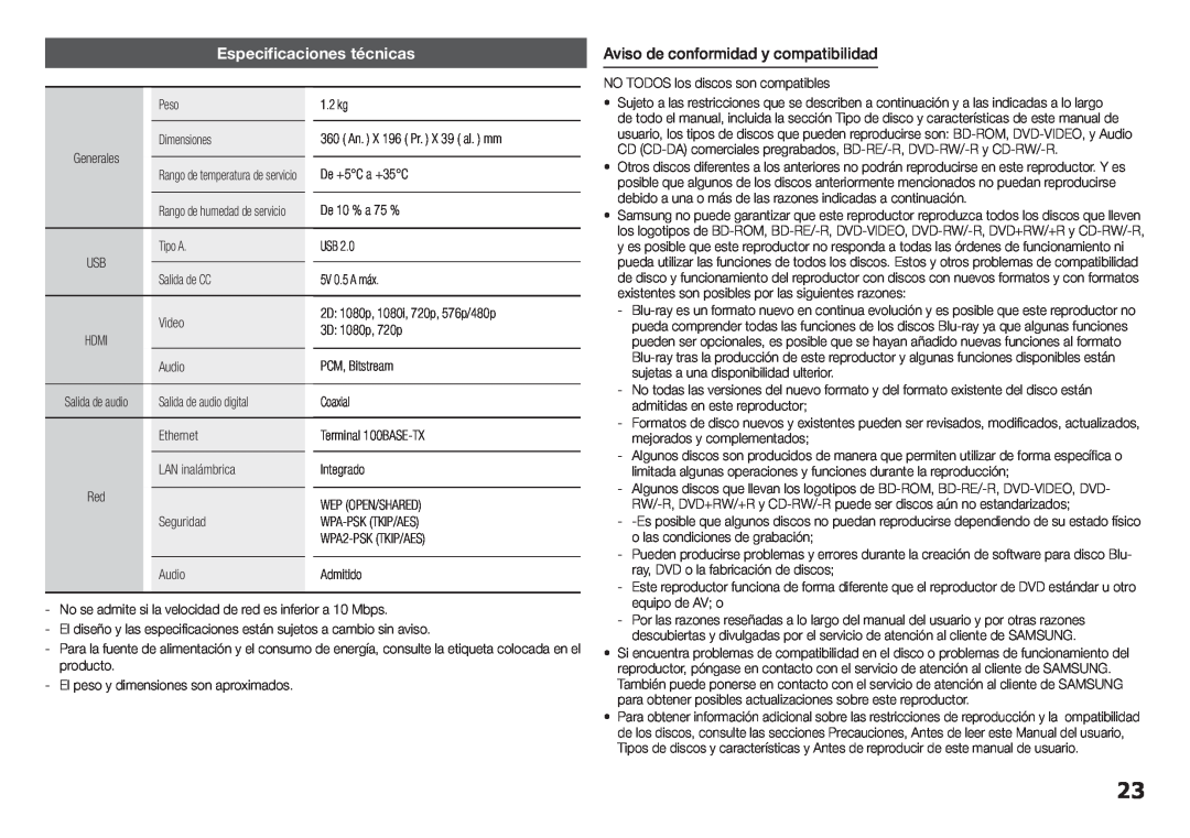 Samsung BD-H5900/ZF manual Especificaciones técnicas, Aviso de conformidad y compatibilidad 