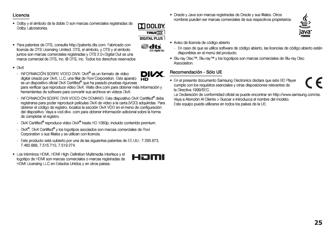 Samsung BD-H5900/ZF manual Licencia, Recomendación - Sólo UE 