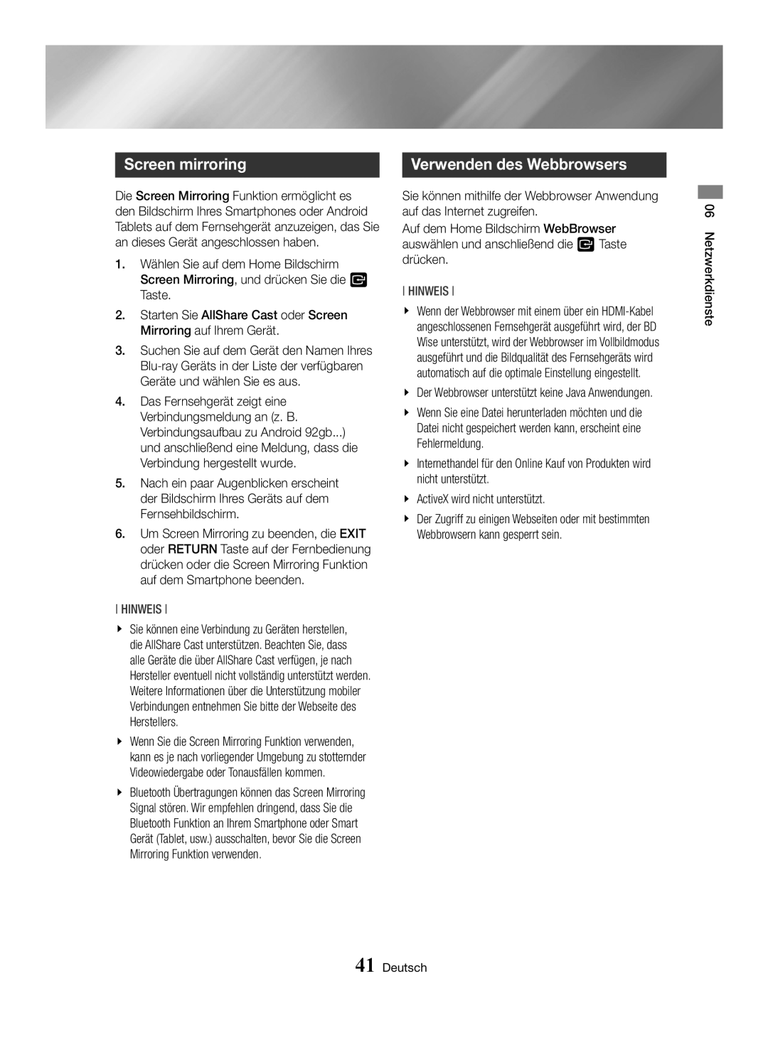 Samsung BD-H6500/XN, BD-H6500/EN manual Verwenden des Webbrowsers, Bluetooth Übertragungen können das Screen Mirroring 