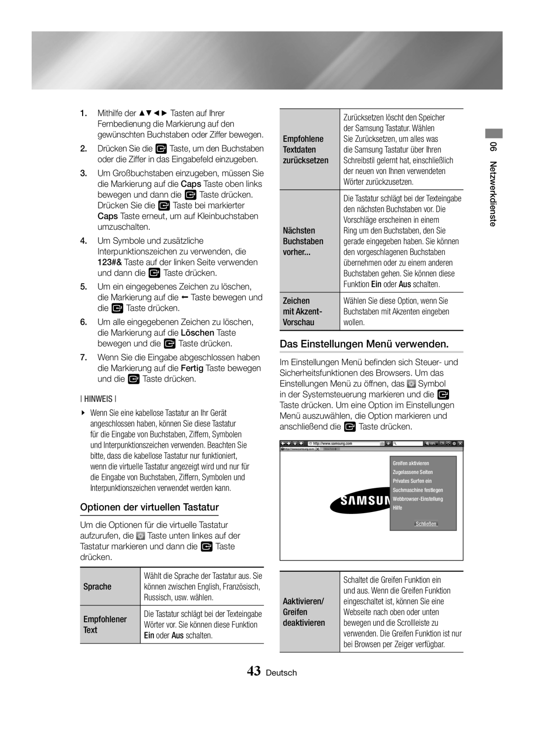 Samsung BD-H6500/ZF, BD-H6500/EN, BD-H6500/XU manual Das Einstellungen Menü verwenden, Optionen der virtuellen Tastatur 