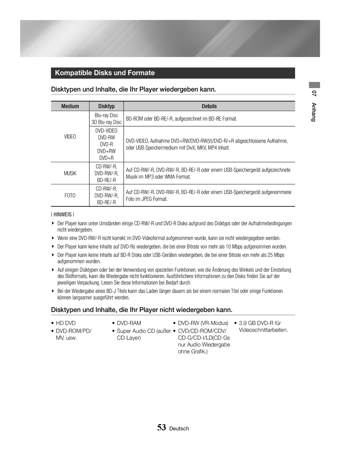 Samsung BD-H6500/ZF, BD-H6500/EN manual Kompatible Disks und Formate, Disktypen und Inhalte, die Ihr Player wiedergeben kann 