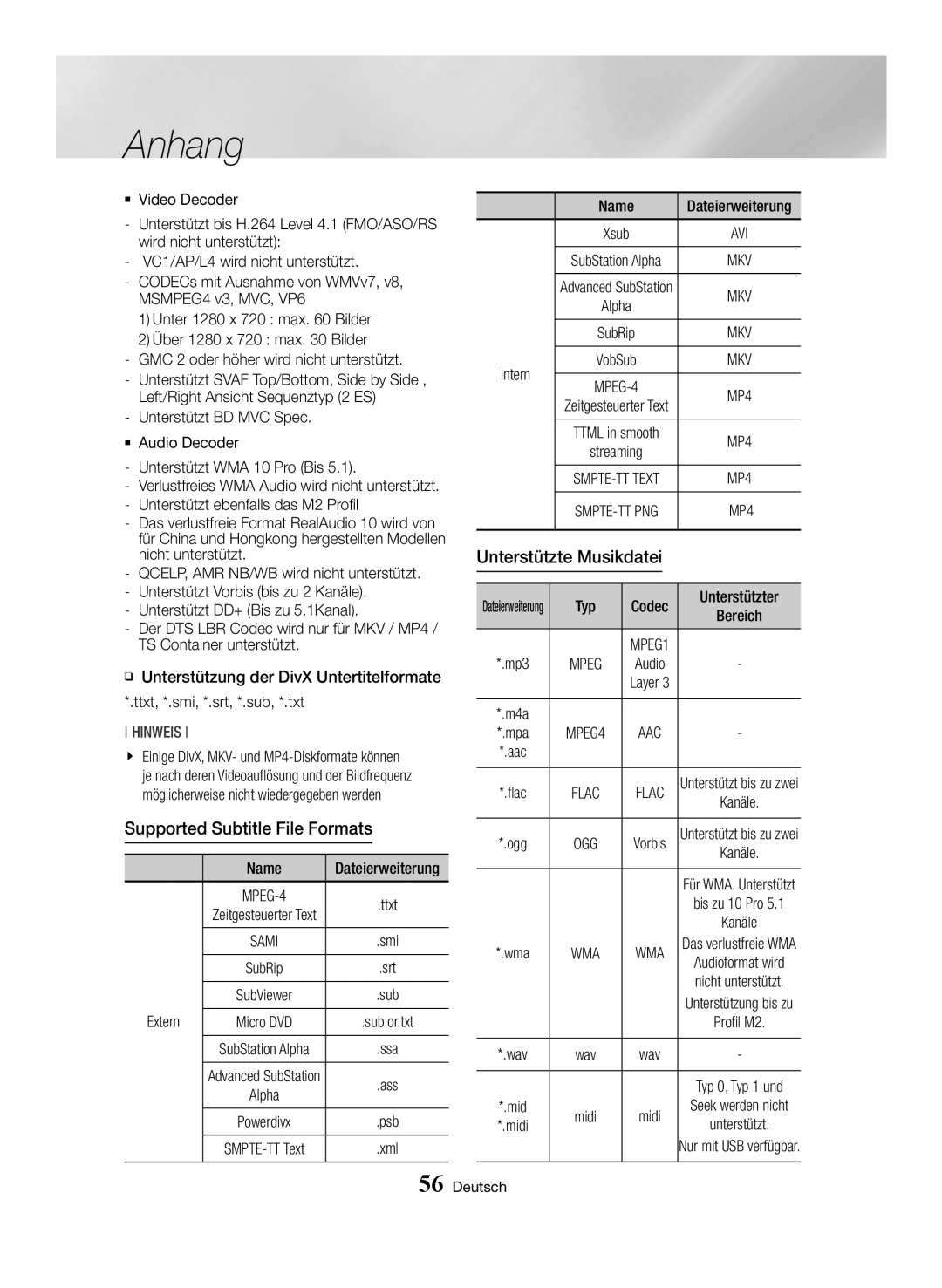 Samsung BD-H6500/XN, BD-H6500/EN, BD-H6500/ZF manual Unterstützte Musikdatei, Extern, Intern, Dateierweiterung, Bereich 