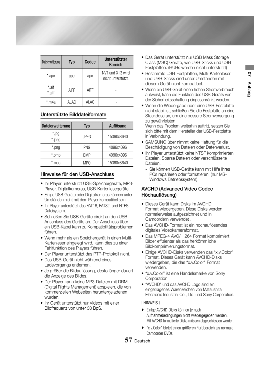 Samsung BD-H6500/EN, BD-H6500/ZF, BD-H6500/XU Unterstützte Bilddateiformate, Hinweise für den USB-Anschluss, Camcorder DVDs 