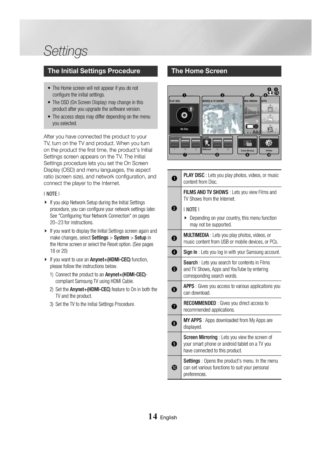 Samsung BD-H6500/XN, BD-H6500/EN, BD-H6500/ZF, BD-H6500/XU, BD-H6500/XE manual Initial Settings Procedure, Home Screen 