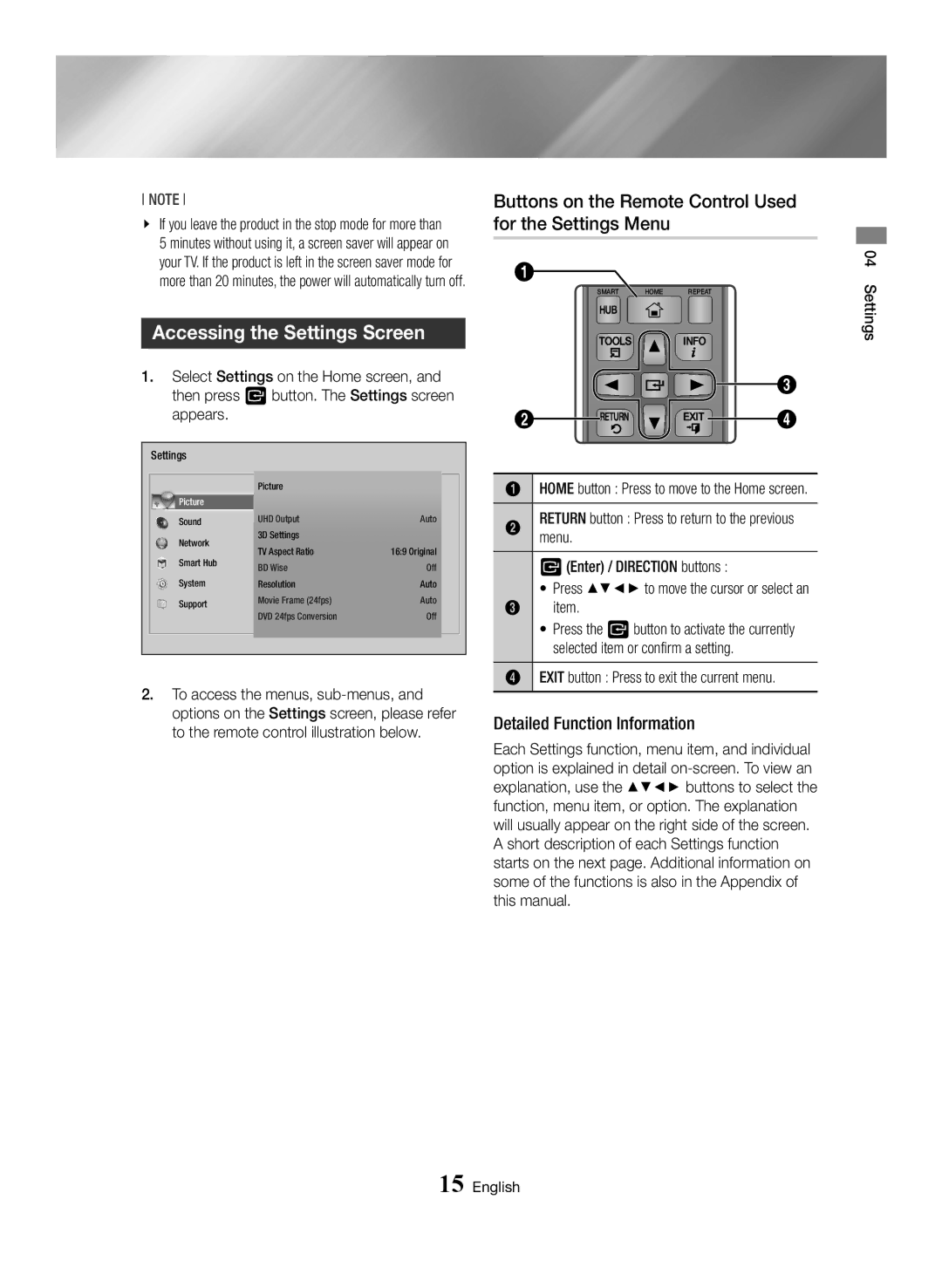 Samsung BD-H6500/EN, BD-H6500/ZF Accessing the Settings Screen, Buttons on the Remote Control Used for the Settings Menu 