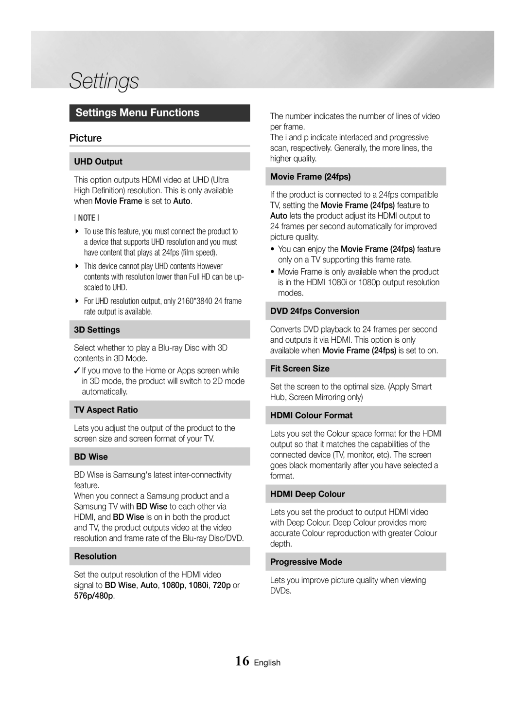 Samsung BD-H6500/ZF, BD-H6500/EN Settings Menu Functions, Picture, BD Wise is Samsungs latest inter-connectivity feature 