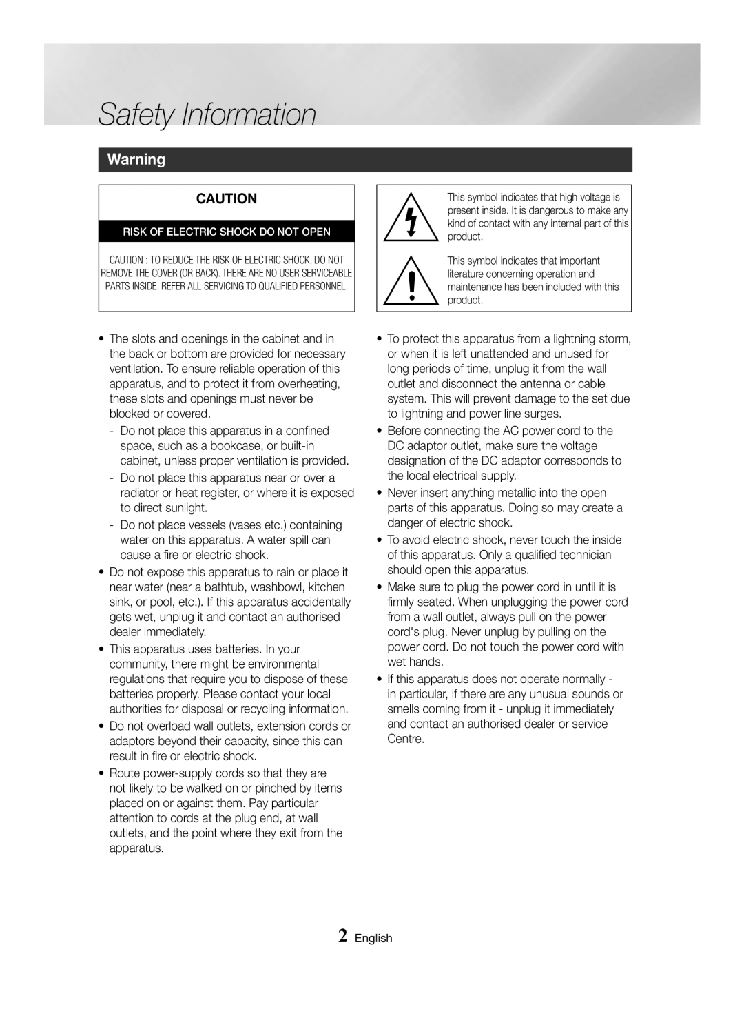 Samsung BD-H6500/XU, BD-H6500/EN, BD-H6500/ZF, BD-H6500/XE manual Safety Information, Risk of Electric Shock do not Open 