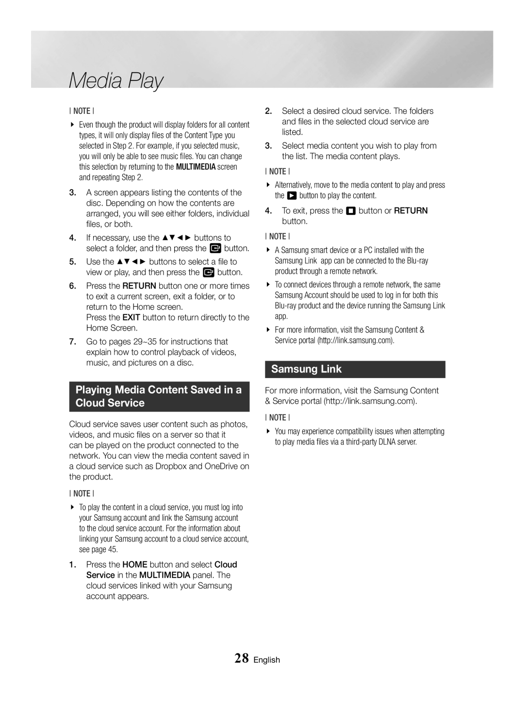 Samsung BD-H6500/XE, BD-H6500/EN, BD-H6500/ZF, BD-H6500/XU manual Playing Media Content Saved in a Cloud Service, Samsung Link 