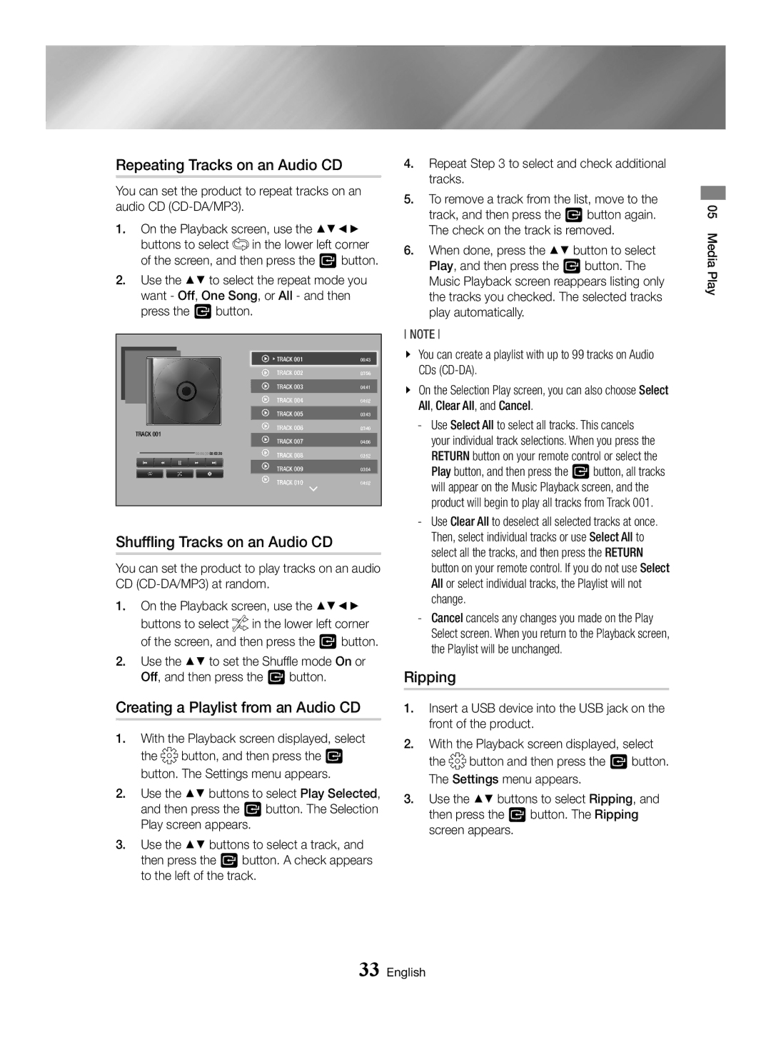 Samsung BD-H6500/XE Repeating Tracks on an Audio CD, Shuffling Tracks on an Audio CD, Creating a Playlist from an Audio CD 