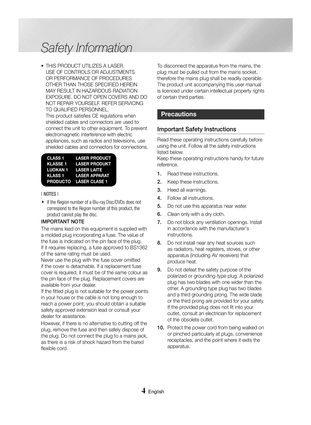 Samsung BD-H6500/XN, BD-H6500/EN, BD-H6500/ZF, BD-H6500/XU manual Precautions, Important Safety Instructions, Important Note 