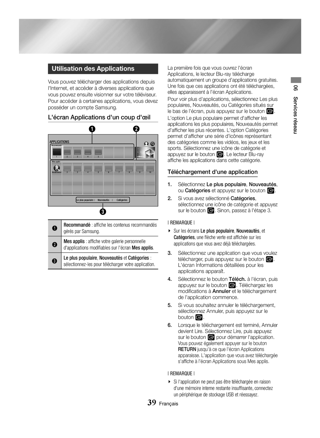 Samsung BD-H6500/XU manual Utilisation des Applications, Lécran Applications dun coup dœil, Téléchargement dune application 