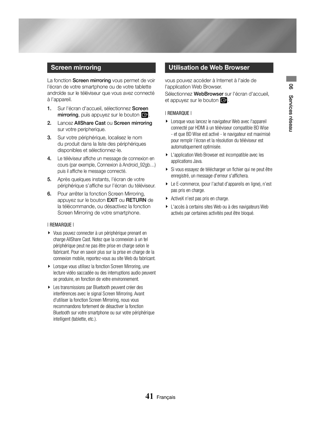Samsung BD-H6500/XN, BD-H6500/EN, BD-H6500/ZF, BD-H6500/XU, BD-H6500/XE manual Screen mirroring, Utilisation de Web Browser 