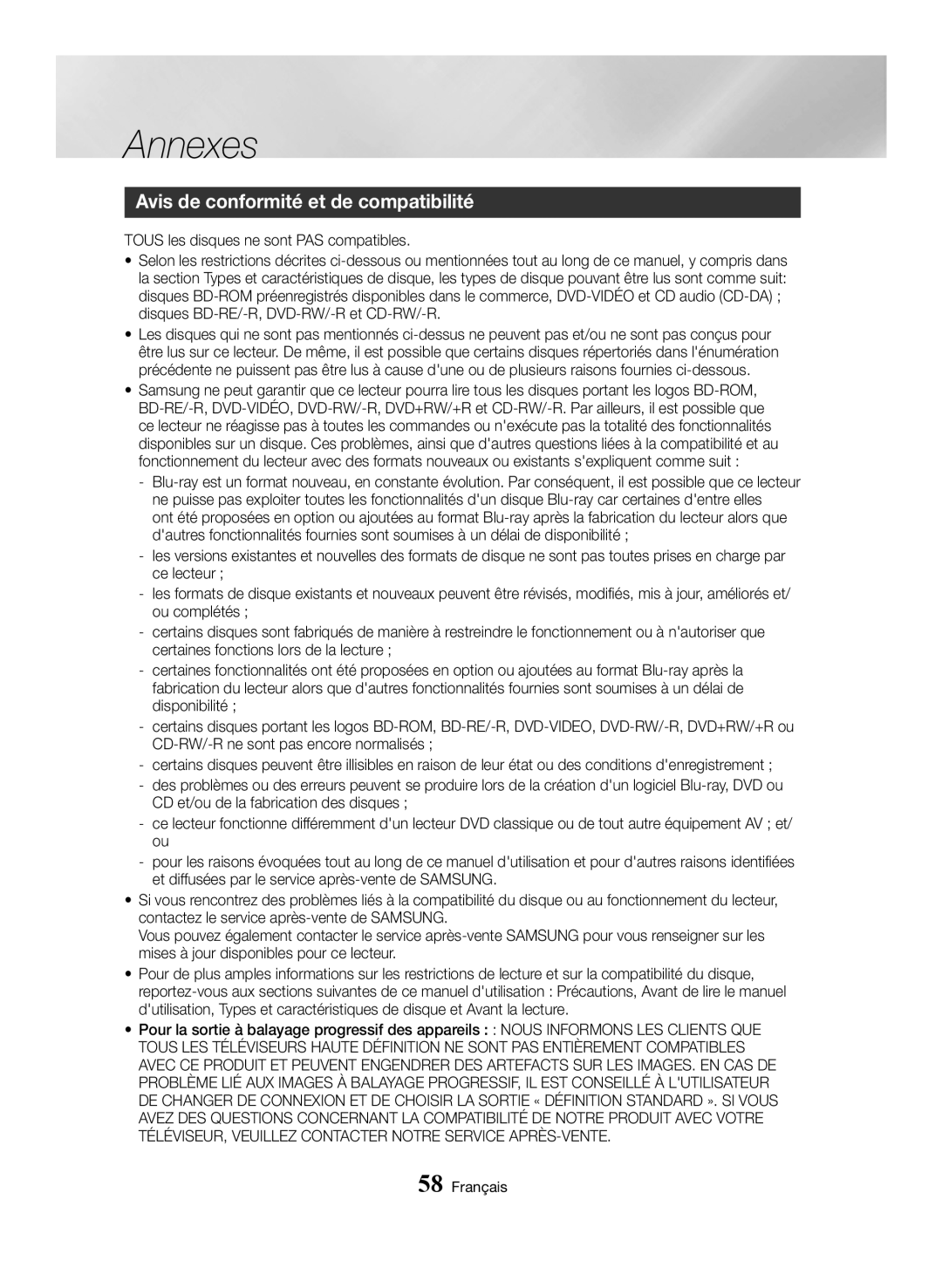 Samsung BD-H6500/ZF, BD-H6500/EN, BD-H6500/XU, BD-H6500/XE, BD-H6500/XN manual Avis de conformité et de compatibilité 