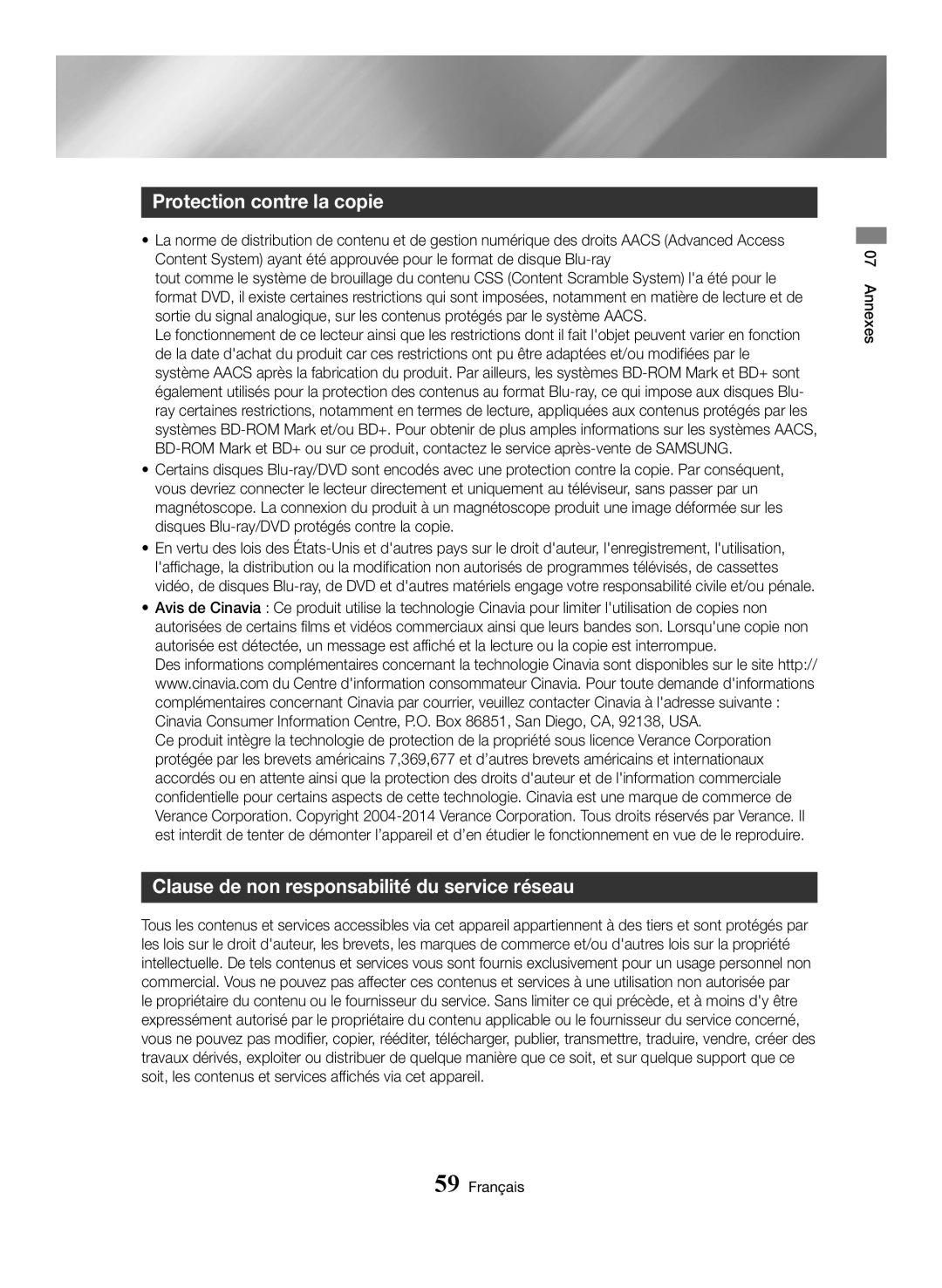 Samsung BD-H6500/XU, BD-H6500/EN, BD-H6500/ZF Protection contre la copie, Clause de non responsabilité du service réseau 