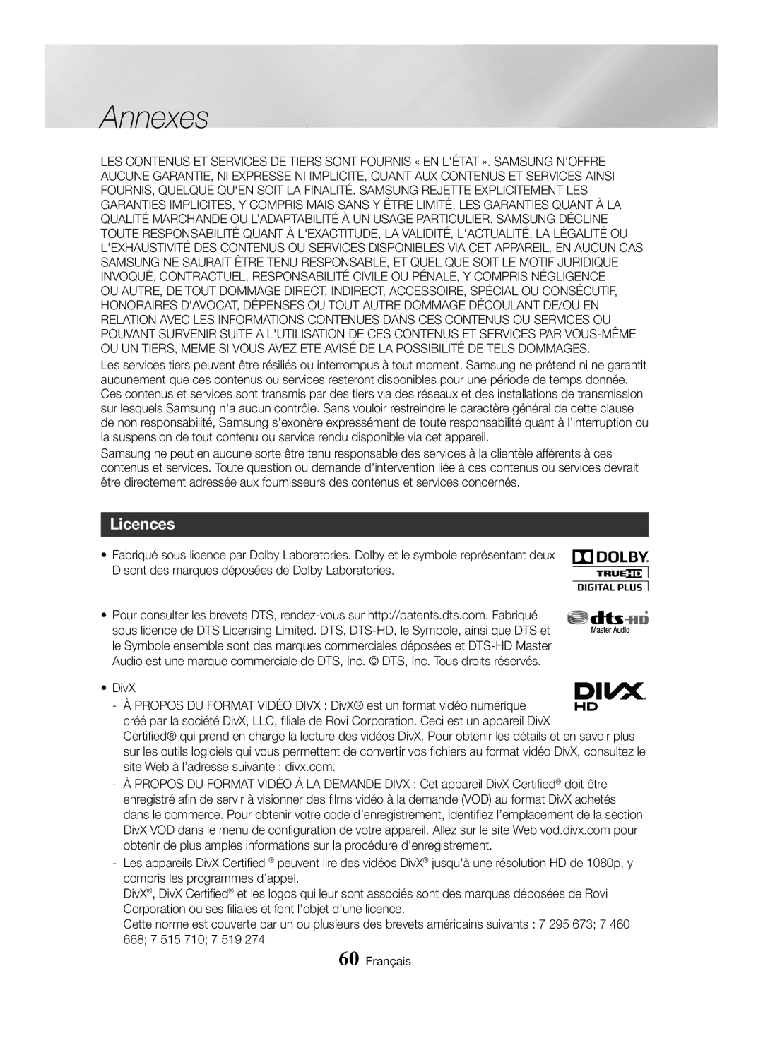 Samsung BD-H6500/XE, BD-H6500/EN, BD-H6500/ZF, BD-H6500/XU, BD-H6500/XN manual Licences 